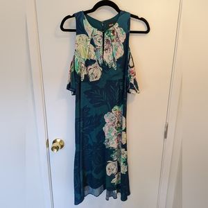 Maeve Anthropologie Elia Teal Blue Floral Cold Shoulder Dress Size 0